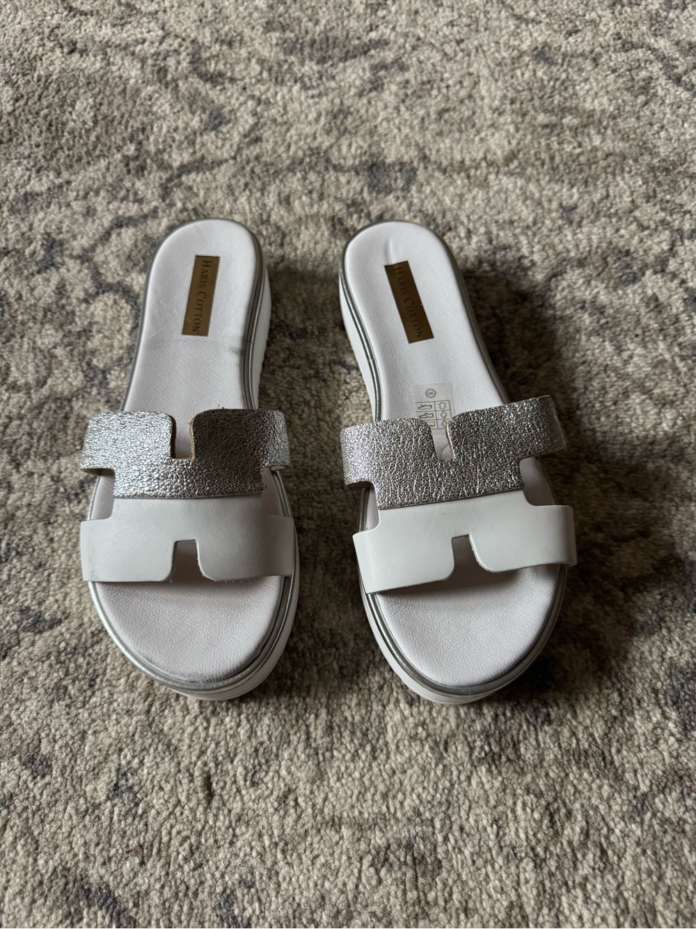 White and Silver Slide Sandals - Women